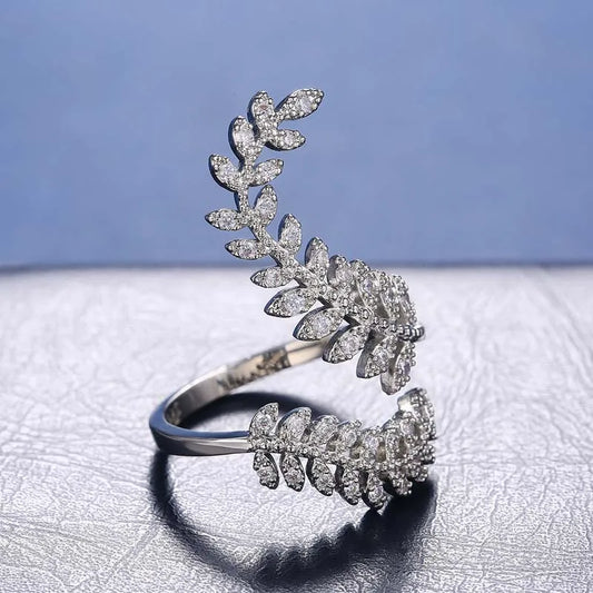 Elegant Silver Zircon Leaf Ring - Adjustable Crystal Jewelry