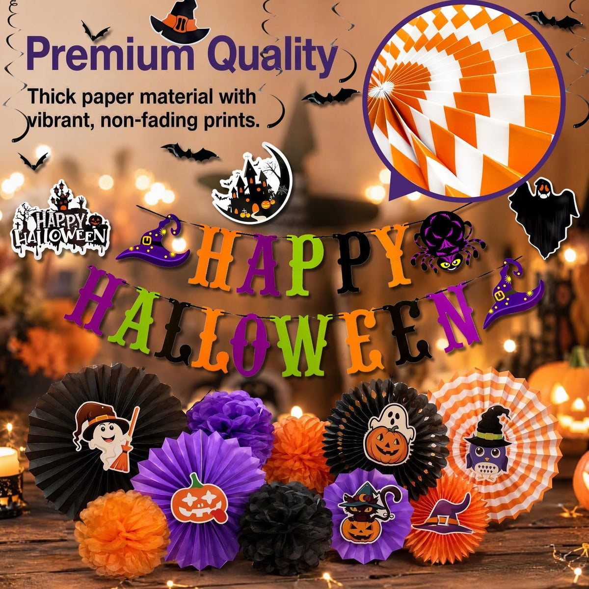 Halloween Party Decorations Set Happy Halloween Banner Paper Fans Poms&Wall Cutouts