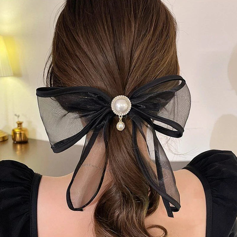 Elegant Black Organza Bow Hairpins - Crystal Ribbon Hair Clips