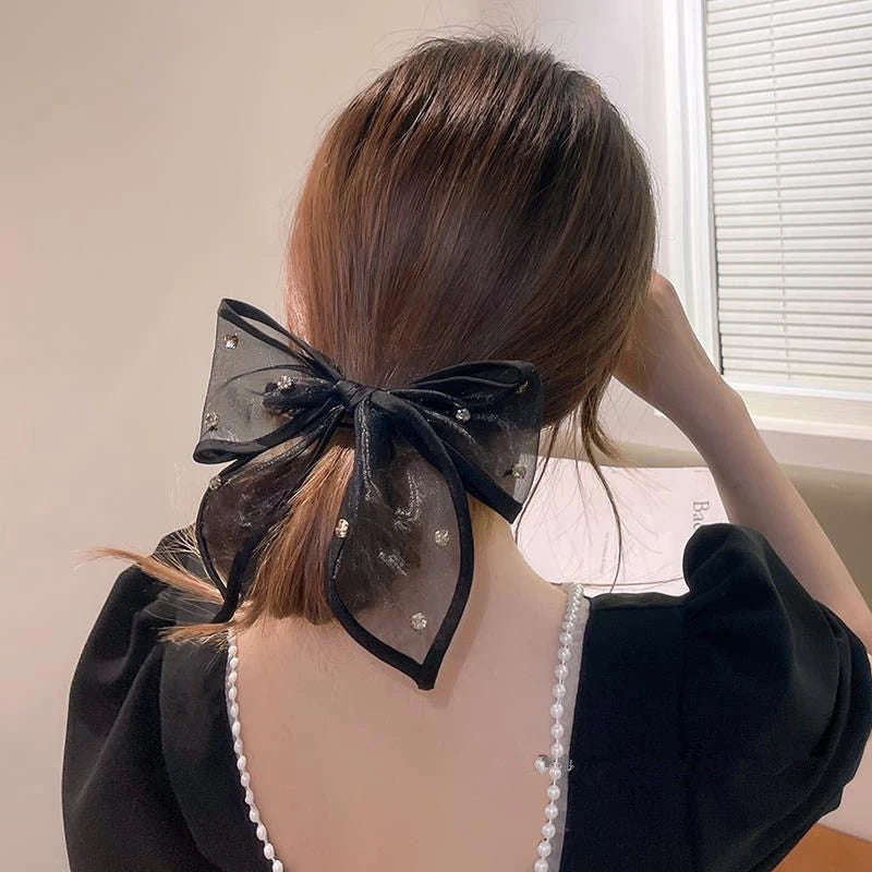 Elegant Black Organza Bow Hairpins - Crystal Ribbon Hair Clips