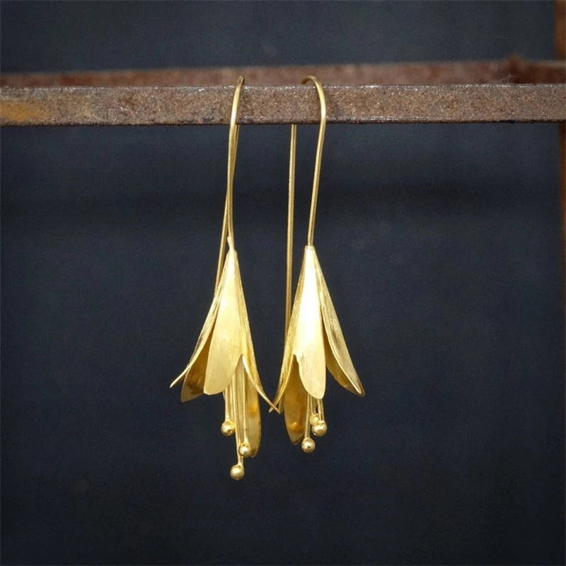 Gothic Long Tassel Earrings - Delicate Flower Pendant & Metal Studs