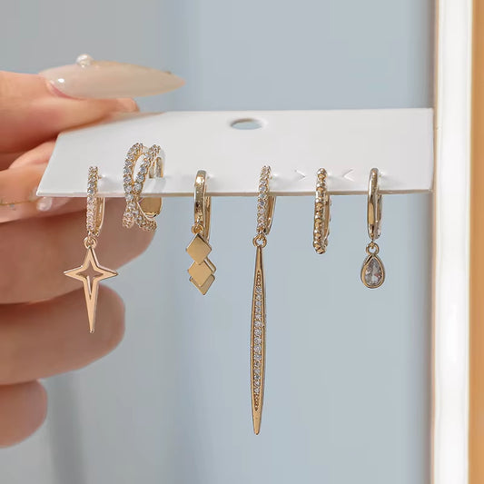 6-Piece Asymmetrical Silver Earring Set – Water Drop, Star & Tassel