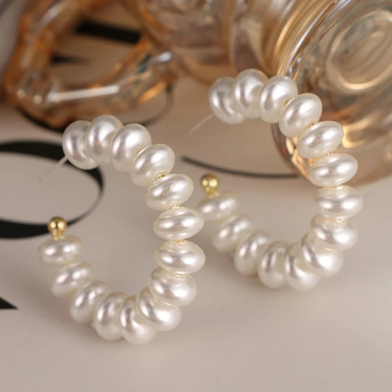 Elegant Gold Metal Pearl Hoop Earrings - Fashion Statement Jewelry