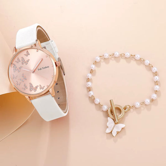 2Pcs Women’s Butterfly Watch & Bracelet Set – Elegant Casual Analog Wristwatch