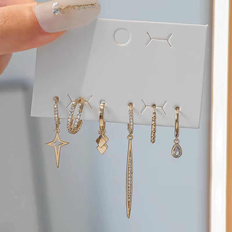 6-Piece Asymmetrical Silver Earring Set – Water Drop, Star & Tassel