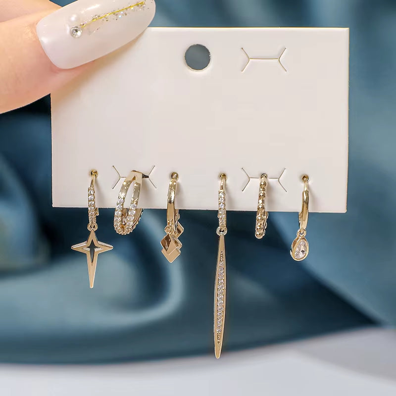 6-Piece Asymmetrical Silver Earring Set – Water Drop, Star & Tassel