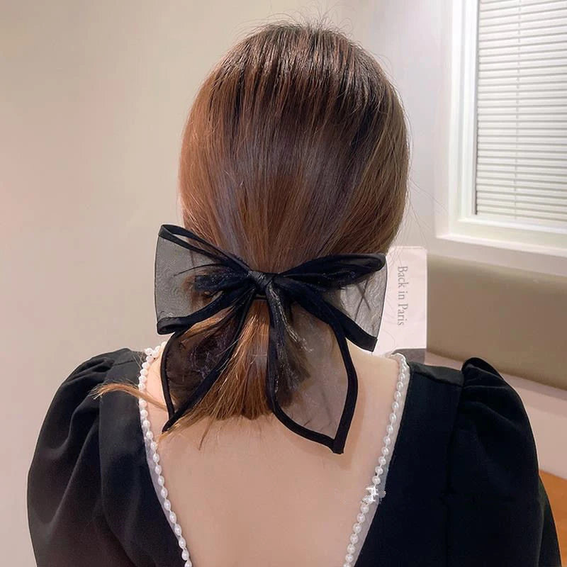 Elegant Black Organza Bow Hairpins - Crystal Ribbon Hair Clips