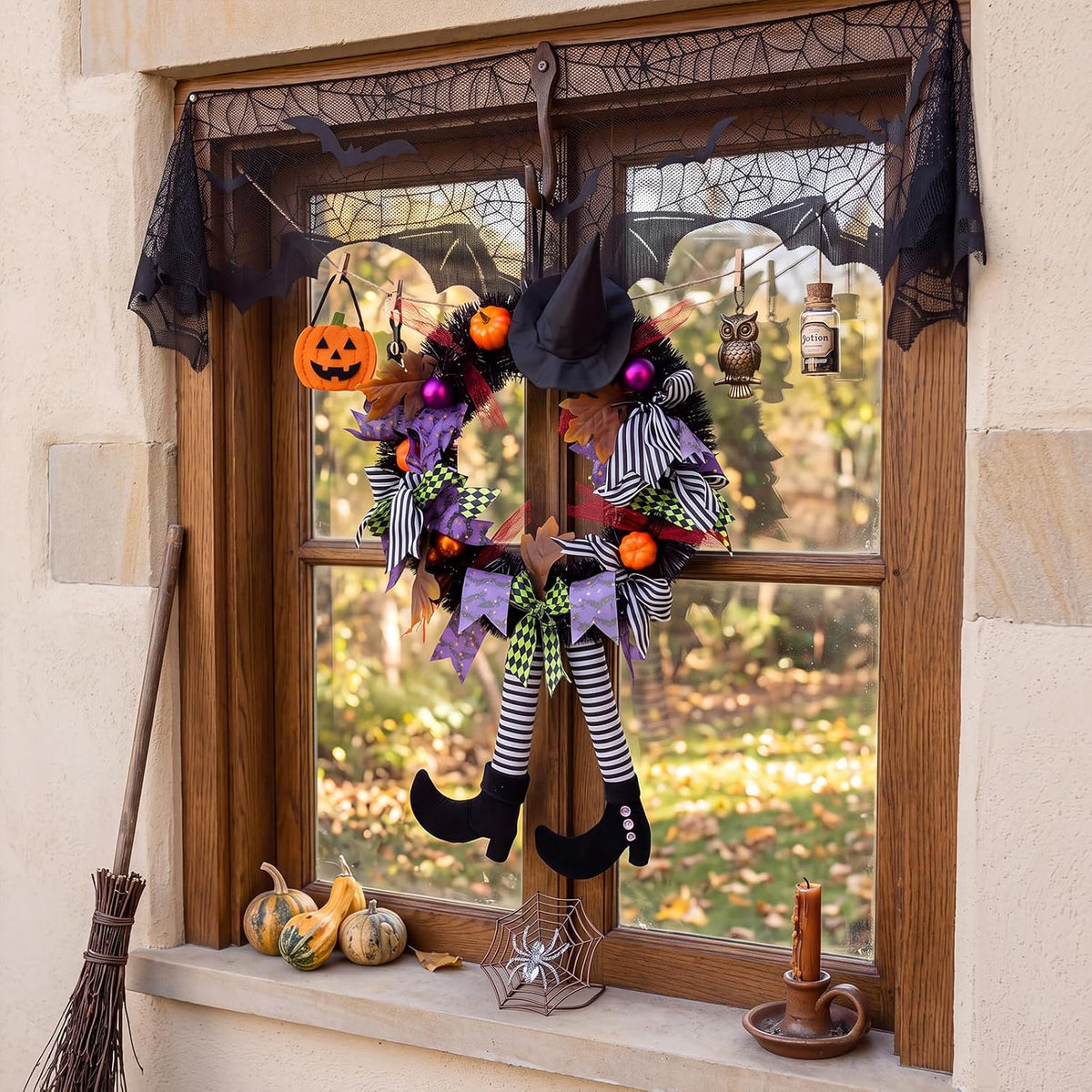 Halloween Decorations,Halloween Wreath,Halloween Witch Wreath Black Wreath with Hat Witches Legs Pumpkin,Indoor Outdoor Home Halloween Decor
