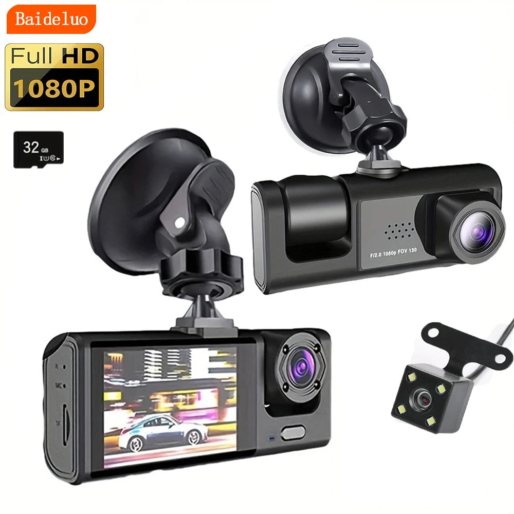 1080P 3-Camera Dash Cam with IR Night Vision – 2" IPS Screen, Loop Recording DVR